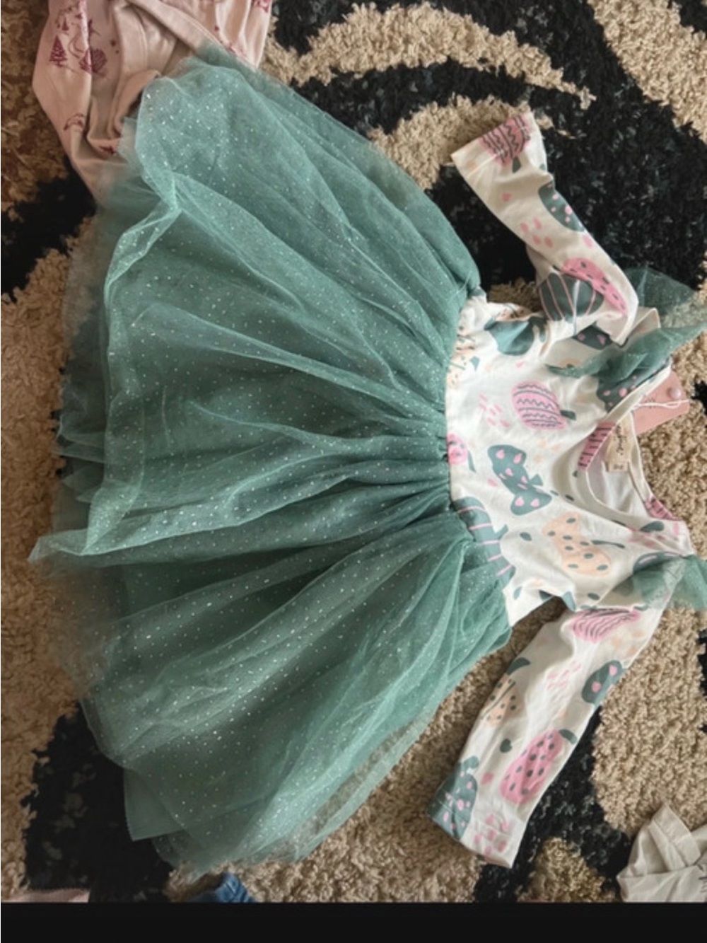 Girls Green Tulle Party Dress with Printed Bodice
